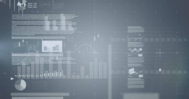 Gri arka planda istatistiksel veri işleme yapan ekranların görüntüsü. Bilgisayar arayüzü ve iş teknolojisi kavramı