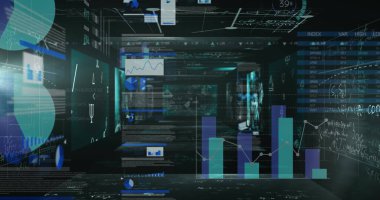 Dijital uzayda yüzen çeşitli grafikler ve veri görselleri. Gelecekçi bir arayüzle ilgili eğilimleri ve istatistikleri gösteriyorlar