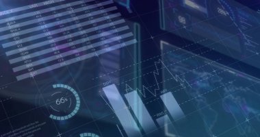 Mavi arka planda istatistiksel veri işleme resmi. Bilgisayar arayüzü ve iş veri teknolojisi kavramı