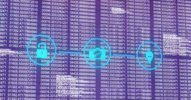 Veri işleme üzerine ortam simgeleri ve ikili kodlama resmi. Küresel iş ve dijital arayüz kavramı dijital olarak oluşturulmuş görüntü.