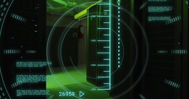 Sunucu odasında veri işleme ve tarama görüntüsü. Küresel iş, güvenlik ve dijital arayüz kavramı dijital olarak oluşturulmuş görüntü.