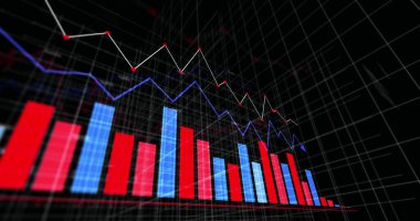 Aşağı doğru hareket eden ok simgelerinin resmi ve siyah arkaplana karşı istatistiksel veri işleme. Bilgisayar arayüzü ve iş veri teknolojisi kavramı
