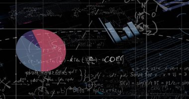 Matematiksel denklemlere karşı infografik arayüzün üzerindeki çizgilerin resmi. Dijital olarak üretilmiş, illüstrasyon, hologram, küresel, rapor, iş dünyası, toplamlar ve teknoloji kavramı.