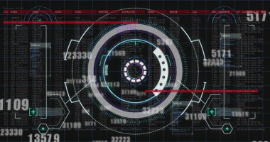 Yuvarlak tarayıcı ve veri işleme ile arayüz üzerinde birden fazla değişen sayının görüntüsü. Bilgisayar arayüzü ve iş teknolojisi kavramı