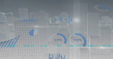 Şehir manzarası üzerinde finansal veri işleme resmi. Küresel finans, iş, bağlantılar, hesaplama ve veri işleme kavramı dijital olarak oluşturuldu.