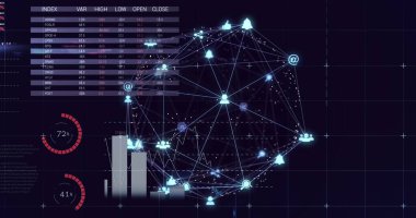Siyah arkaplana karşı istatistiksel veri işleme ve dijital simgelerin küresi. Küresel ağ ve iş teknolojisi kavramı