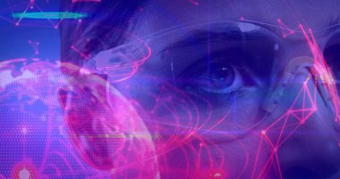 Sanal gözlüklü ve pembe ve mavi renkli soyut resimli Bilimsel Bileşen Kadın