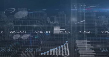 Şehir manzarası üzerinde finansal veri işleme resmi. Küresel finans, iş, bağlantılar, hesaplama ve veri işleme kavramı dijital olarak oluşturuldu.