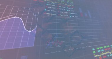 Ekranda finansal verileri gösteren birden fazla grafik ve grafik var. Değişik borsa eğilimleri ve istatistikleri vurgulayan parlak renkler