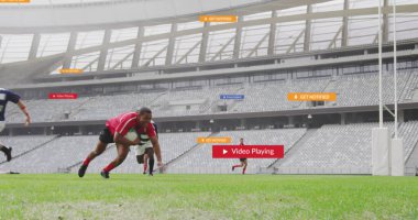 Stadyumda rugby oynayan çeşitli oyunculara verilen tebligat barları. Dijital bileşik, çoklu pozlama, spor, sosyal medya anımsatıcı, rekabet ve teknoloji kavramı.