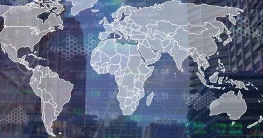 Veri işleme ve şehir haritası üzerindeki dünya haritası. Küresel finans, iş, bağlantılar, hesaplama ve veri işleme kavramı dijital olarak oluşturuldu.