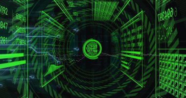 Kara arkaplanda, tünel karşısındaki veri işleme arayüzünün görüntüsü. Bilgisayar arayüzü ve iş teknolojisi kavramı