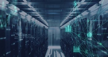 Sunucu odasına karşı dijital simge ağı, veri işleme ve mozaik karelerin resmi. Küresel ekonomi ve iş veri depolama teknolojisi kavramı