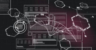 DNA ipliği görüntüsü, veri işlemeli ekranlar. Küresel bilim, araştırma, hesaplama ve veri işleme kavramı dijital olarak oluşturulmuş görüntü.