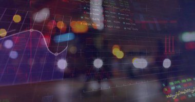 Borsa görüntüsü ve şehir sokaklarına karşı istatistiki veri işleme. Küresel ekonomi ve iş veri teknolojisi kavramı