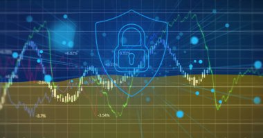 Sayıları değişen grafikler, Ukrayna bayrağı üzerinde asma kilit. Dijital bileşik, çoklu pozlama, rapor, iş, büyüme, koruma, hükümet ve vatanseverlik kavramı.