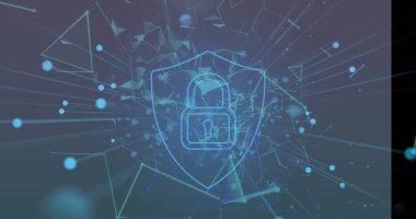 Mor arka planda yüzen güvenlik asma kilit simgesi ve pleksus ağlarının görüntüsü. Küresel ağ ve siber güvenlik teknolojisi kavramı