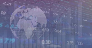 Yüksek binalara karşı dönen dünya üzerinde istatistiksel ve borsa veri işleme görüntüsü. Küresel ekonomi ve iş veri teknolojisi kavramı