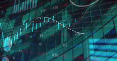 Modern bina üzerinde veri işleme ve diyagram resmi. Küresel iş ve dijital arayüz kavramı, dijital olarak oluşturulmuş görüntü.