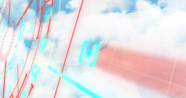 Mavi gökyüzündeki bulutların üzerinde dönen neon yuvarlak tarayıcı görüntüsü. Bilgisayar arayüzü ve bulut veri depolama teknolojisi kavramı