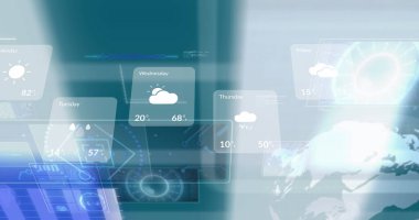 Mavi arkaplanda tarama ve veri işleme dürbünü görüntüsü. Küresel iş, finans, hesaplama ve veri işleme kavramı dijital olarak oluşturulmuş görüntü.