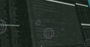 Ekranlarda dijital veri işleme resmi. Küresel iş, finans, hesaplama ve veri işleme kavramı dijital olarak oluşturulmuş görüntü.