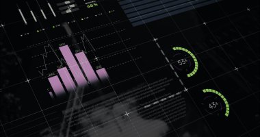 Şehir manzarasının havadan görüntüsüne karşı şebeke ağı üzerinden istatistiksel veri işleme resmi. Bilgisayar arayüzü ve iş veri teknolojisi kavramı