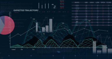Siyah arkaplanda finansal veri işleme resmi. İş, finans, bilgisayar ve dijital arayüz kavramı dijital olarak oluşturulmuş görüntü.