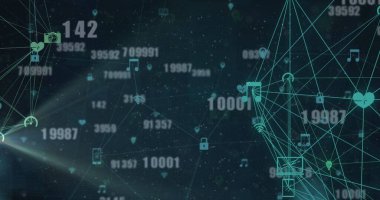 Mavi arkaplanda dönen dijital simgelerin çoklu değişen sayılarının görüntüsü. Küresel ağ ve iş teknolojisi kavramı
