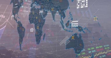 Veri işleme ve şehir haritası üzerindeki dünya haritası. Küresel finans, iş, bağlantılar, hesaplama ve veri işleme kavramı dijital olarak oluşturuldu.