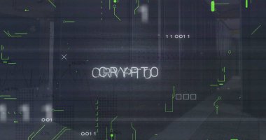 Şifreli metin resmi ve veri servis odasının üzerinde devre kartı desenli ikili kodlar. Dijital bileşik, çoklu pozlama, bilgisayar dili, para birimi, veri merkezi, ağ ve teknoloji.