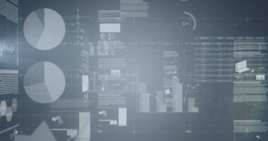 Gri arka planda istatistiksel veri işleme yapan ekranların görüntüsü. Bilgisayar arayüzü ve iş teknolojisi kavramı