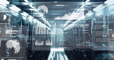 Veri sunucu odasına birden fazla grafik, küre, çubuk ve daire yükleme resmi. Dijital bileşim, rapor, iş, ilerleme, küreselleşme, veri merkezi, ağ oluşturma, teknoloji, ağ sunucusu.