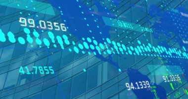 Yüksek binalara karşı dünya haritasında veri işleme görüntüsü. Küresel ağ ve iş teknolojisi kavramı