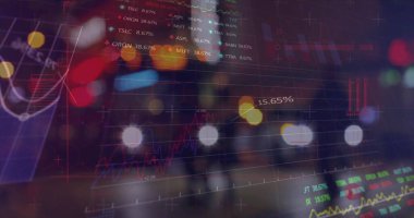 Borsa görüntüsü ve şehir sokaklarına karşı istatistiki veri işleme. Küresel ekonomi ve iş veri teknolojisi kavramı