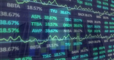 Şebeke üzerinde finansal veri işleme resmi. Küresel iş, finans, hesaplama ve veri işleme kavramı dijital olarak oluşturulmuş görüntü.