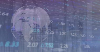 Yüksek binalara karşı dönen dünya üzerinde istatistiksel ve borsa veri işleme görüntüsü. Küresel ekonomi ve iş veri teknolojisi kavramı