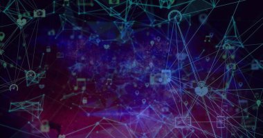 Bağlantı ağının görüntüsü, mor gradyan arka plana karşı dijital simge küreleri. Küresel ağ ve iş teknolojisi kavramı