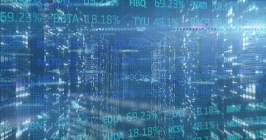 Mavi arka plandaki mozaik kare ekranları üzerinden borsa veri işleme görüntüsü. Küresel ekonomi ve iş teknolojisi kavramı