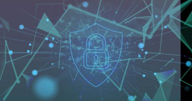 Mor arka planda yüzen güvenlik asma kilit simgesi ve pleksus ağlarının görüntüsü. Küresel ağ ve siber güvenlik teknolojisi kavramı