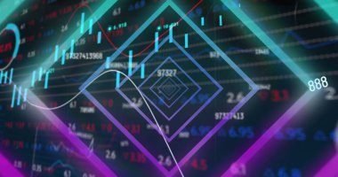 Değişen sayılar ve borsa veri işleme üzerine kusursuz desenli neon tünelin görüntüsü. Küresel ekonomi ve iş arayüzü teknolojisi kavramı