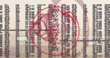 Şehrin üzerinde dairesel tarayıcı, kırmızı küre ve veri işleme görüntüsü. Veri, işleme, dijital arayüz, iş ve küresel iletişim, dijital olarak oluşturulmuş görüntü.