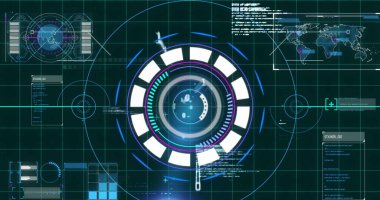 Şebeke arka planında hareket eden radar ve bilgisayar dili görüntüsü. Dijital olarak oluşturulan, tarama, kodlama, veri işleme, küresel iş, tahmin, planlama ve teknoloji kavramı.