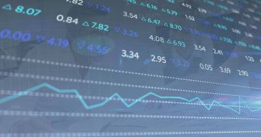 Ofiste çalışan iş adamlarının mali veri işleme görüntüsü. Küresel iş, finans, hesaplama ve veri işleme kavramı dijital olarak oluşturulmuş görüntü.