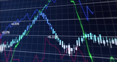 Siyah arkaplan üzerinde değişen sayılar ve ızgara desenli çoklu grafiklerin resmi. Dijital olarak üretilmiş, hologram, illüstrasyon, rapor, büyüme, üç boyutlu ve iş konsepti.