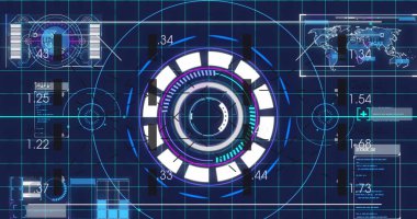 Yuvarlak tarayıcı ve mavi arkaplan ile veri işleme arayüzünün görüntüsü. Bilgisayar arayüzü ve iş teknolojisi kavramı