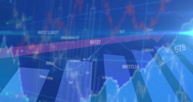 Renkli grafikler ve sayılar, üstüste binen, piyasa eğilimlerini gösteren. Parlak mavi arkaplan ve pembe renkler baskın, finansal veri analizini yansıtıyor