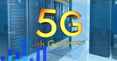 Grafikleri, değişen numaraları ve veri sunucu odasının haritası olan 5G, 5. nesil metin resmi. Dijital bileşik, telekomünikasyon, rapor, iş, büyüme, veri merkezi, ağ ve teknoloji.