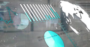 Veri işlemenin resmi ve karton kutuların üzerindeki dünya haritası. Küresel finans, iş, bağlantılar, hesaplama ve veri işleme kavramı dijital olarak oluşturuldu.