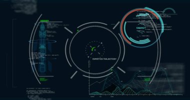 Siyah arkaplan üzerindeki veri işleme alanının görüntüsü. Küresel iş ve dijital arayüz kavramı, dijital olarak oluşturulmuş görüntü.